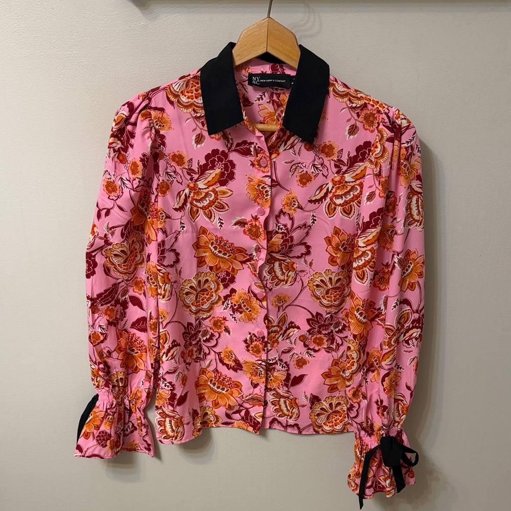 New York & Company Floral Blouse with Black Trim